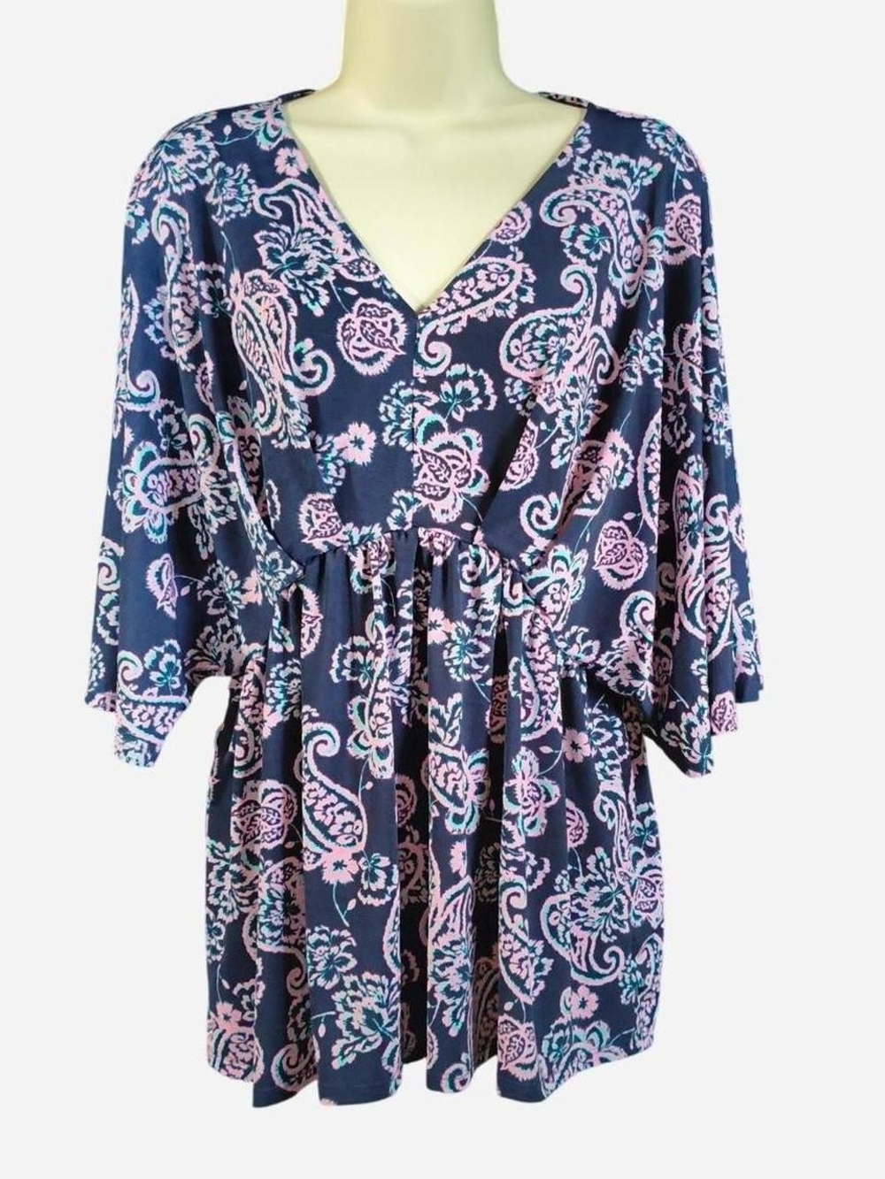 Women’s Navy Paisley V-Neck Blouse with Pink Accents